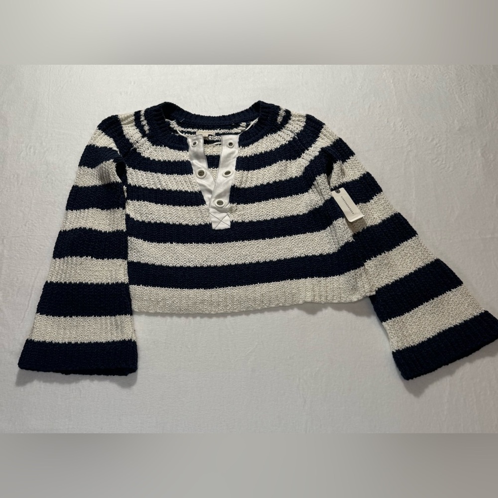 Anthropologie Pilcro Navy and Cream Striped Knit Top Bell Sleeves New with Tags